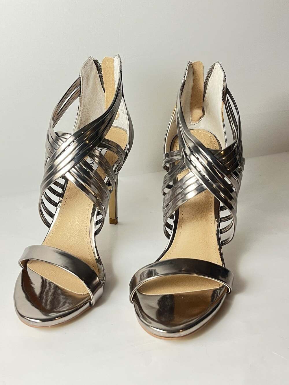 Steve Madden Fabulous Women 7.5M Gunmetal Strappy Stiletto Heels Zip Back